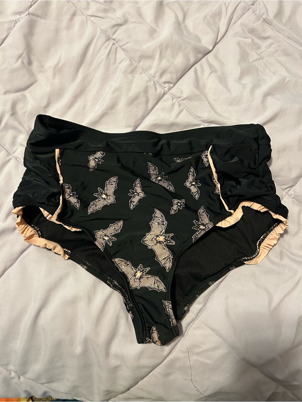 High-Waist Women’s Bikini Bottoms in Black with Bat Print